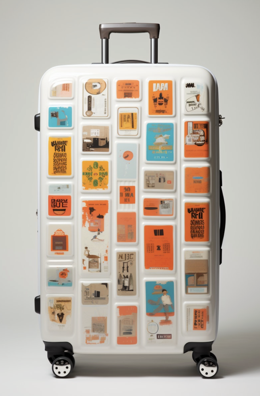 Suitcase covered in travel stickers from past destinations